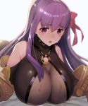  1girl bare_shoulders breasts claws cleavage deep_skin detached_sleeves fate/extra fate/extra_ccc fate/grand_order fate_(series) highres huge_breasts katsudansou long_hair looking_at_viewer o-ring_top parted_lips passion_lip purple_hair see-through skindentation upper_body very_long_hair violet_eyes 