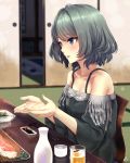  1girl alcohol bare_shoulders beer blush choko_(cup) chopstick_rest chopsticks collarbone cup food fringe futon green_eyes green_hair highres idolmaster idolmaster_cinderella_girls indoors infinote lips meat mole mole_under_eye sake short_hair sitting sliding_doors smile solo soy_sauce table takagaki_kaede tatami tokkuri 