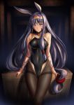  &gt;:) 1girl absurdres animal_ears arms_at_sides bangle bangs bare_shoulders black_swimsuit blush bracelet breasts brown_legwear closed_mouth collarbone competition_swimsuit covered_navel dark_skin earrings facepaint fate/grand_order fate_(series) hairband highres hoop_earrings jewelry legs_together long_hair looking_at_viewer low-tied_long_hair medium_breasts nail_polish neck_ring nitocris_(fate/grand_order) one-piece_swimsuit pantyhose pantyhose_under_swimsuit purple_hair rabbit_ears red_nails solo standing swimsuit thighband_pantyhose tsurime ulrich_(tagaragakuin) very_long_hair violet_eyes 