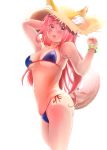  1girl absurdres animal_ears bikini blue_bikini blush breasts cleavage fang fate/extra fate/grand_order fate_(series) fox_ears fox_tail groin hat highres large_breasts long_hair looking_at_viewer maze_yuri navel open_mouth pink_hair simple_background solo swimsuit tail tamamo_(fate)_(all) tamamo_no_mae_(swimsuit_lancer)_(fate) white_background yellow_eyes 
