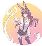  1girl animal_ears bare_shoulders blush bow bowtie breasts brown_eyes brown_hair bunny_girl bunny_tail buttons cleavage commentary_request cream cup iesupa long_hair looking_at_viewer medium_breasts navel rabbit_ears rwby shorts solo standing sugar_cube suspender_shorts suspenders tail teacup tray velvet_scarlatina waitress 