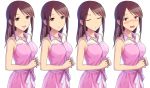  artist_request bare_arms bare_shoulders blush breasts brown_eyes brown_hair closed_eyes dress embarrassed hand_holding idolmaster idolmaster_cinderella_girls long_hair looking_at_viewer medium_breasts mifune_miyu multiple_persona simple_background sleeveless sleeveless_dress smile upper_body white_background 