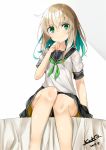  1girl black_skirt blonde_hair blue_hair character_request copyright_request eyebrows_visible_through_hair green_neckerchief hand_on_own_chin kafuka looking_at_viewer medium_hair multicolored_hair neckerchief skirt smile solo two-tone_hair 