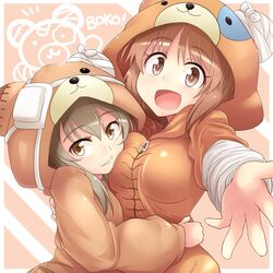  10s 2girls animal_costume animal_print bandage bangs bear_costume bear_print boko_(girls_und_panzer) brown_eyes brown_hair closed_mouth english foreshortening girls_und_panzer highres hug kitayama_miuki light_brown_hair long_hair looking_at_viewer multiple_girls nishizumi_miho open_mouth pajamas reaching shimada_arisu short_hair smile standing upper_body 