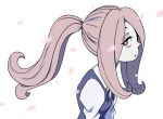  1girl alternate_hairstyle cherry_blossoms commentary half-closed_eyes kunikuno little_witch_academia long_hair pale_skin pink_hair ponytail red_eyes shirt solo sucy_manbavaran white_background 