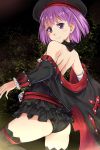  1girl ass bare_back bare_shoulders black_legwear black_panties fate/grand_order fate_(series) hat helena_blavatsky_(fate/grand_order) jacket looking_at_viewer panties purple_hair short_hair smile solo strapless thigh-highs tsuyadashi_shuuji underwear violet_eyes 