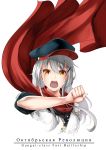 1girl absurdres black_hat brown_eyes cape character_name cyrillic gangut_(kantai_collection) grey_hair hat highres kantai_collection long_hair lulu-chan92 peaked_cap red_cape simple_background solo upper_body white_background 