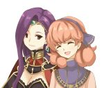  2girls breasts brown_eyes cape cleavage closed_eyes curly_hair earrings fire_emblem fire_emblem_echoes:_mou_hitori_no_eiyuuou hairband jenny_(fire_emblem) jewelry long_hair ma_tsukasa multiple_girls necklace open_mouth pink_hair portrait simple_background sonia_(fire_emblem_gaiden) tiara violet_eyes white_background 
