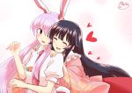  2girls :d ^_^ animal_ears bangs black_hair blouse blunt_bangs bunny_tail carrot closed_eyes collar collared_shirt commentary_request frilled_collar frills hair_between_eyes hair_over_one_eye hands_on_another&#039;s_shoulders heart houraisan_kaguya lavender_hair long_hair mana_(gooney) multiple_girls necktie one_eye_covered open_mouth pink_blouse puffy_short_sleeves puffy_sleeves rabbit_ears red_eyes red_necktie red_skirt reisen_udongein_inaba shirt short_sleeves signature skirt smile tail touhou very_long_hair white_shirt wide_sleeves yuri 