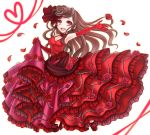  1girl :d brown_hair dress elbow_gloves flower frilled_dress frills full_body gloves heart looking_at_viewer nahori open_mouth outstretched_arm petals pocketland red_dress red_eyes red_gloves red_shoes rose shoes skirt_hold smile solo white_background 