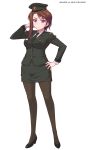  1girl brown_hair bullet_girls copyright full_body hand_to_head hat high_heels long_hair long_sleeves military military_uniform necktie official_art pantyhose peaked_cap pencil_skirt pumps serious side_slit skirt solo transparent_background uniform violet_eyes 