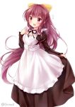  1girl alternate_costume apron black_dress bow cowboy_shot dress enmaided flying_sweatdrops hair_bow kamikaze_(kantai_collection) kantai_collection long_hair maid nikoo open_mouth purple_hair simple_background solo standing violet_eyes white_apron white_background yellow_bow 