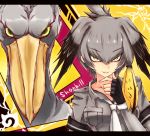  1girl bangs bird bird_wings black_gloves black_hair blonde_hair bodystocking breast_pocket breasts eyebrows_visible_through_hair fingerless_gloves gloves grey_hair grey_shirt head_wings highres kemono_friends kyuuponkuku letterboxed long_hair looking_at_viewer low_ponytail medium_breasts multicolored_hair necktie parted_lips pocket shirt shoebill shoebill_(kemono_friends) short_sleeves side_ponytail smile tsurime upper_body white_necktie wings yellow_eyes 