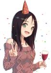  1girl :d bare_shoulders birthday breasts brown_hair celebration confetti cup drinking_glass fang green_eyes hat highres holding_glass itachi_kanade looking_at_viewer medium_breasts off-shoulder_sweater open_mouth original red_sweater shiny shiny_hair simple_background sleeves_past_wrists smile solo sweater upper_body v white_background wine_glass 