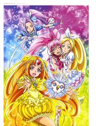  4girls ;d absurdly_long_hair absurdres blonde_hair blue_boots blue_dress blue_eyes boots bow capelet choker cure_beat cure_melody cure_muse_(yellow) cure_rhythm dress green_eyes hair_bow hair_ribbon hairband high_ponytail highres hummy_(suite_precure) interlocked_fingers knee_boots layered_dress long_hair looking_at_viewer midriff multiple_girls one_eye_closed open_mouth outstretched_arm precure purple_hair red_eyes red_ribbon ribbon ribbon_choker short_sleeves side_ponytail sleeveless smile suite_precure takahashi_akira thigh-highs thigh_boots very_long_hair white_hairband white_ribbon yellow_boots yellow_bow yellow_dress yellow_eyes yellow_ribbon 