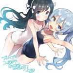  :d arm_up armpits asymmetrical_docking black_hair blue_eyes blue_hair blue_swimsuit breast_press breasts cleavage dutch_angle eyebrows_visible_through_hair fang hair_ribbon long_hair looking_at_viewer matsui_hiroaki one-piece_swimsuit open_mouth original ponytail ribbon simple_background sketch small_breasts smile swimsuit very_long_hair white_background white_swimsuit 