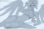  1girl adapted_costume arm_support arm_tattoo arm_up armor artist_name bikini_armor breasts cleavage cup drinking_glass drinking_straw eyeshadow grey_background hand_in_hair holding holding_sunglasses lips looking_at_viewer lying makeup martini mechanical_halo mechanical_wings medium_breasts mercy_(overwatch) michelle_hoefener navel nose on_side overwatch parted_lips shadow signature simple_background sketch solo sunglasses swiss_flag tattoo wine_glass wings work_in_progress 