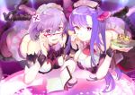  119 2girls adjusting_glasses bare_shoulders book breasts character_request cleavage cookie food glasses high_heels highres large_breasts long_hair looking_at_viewer lying maid_headdress muffin multiple_girls on_stomach open_mouth purple_hair ribbon short_hair smile violet_eyes 