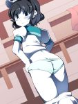  1girl ass black_eyes black_hair blush doku_corne dutch_angle from_behind hat highres looking_at_viewer looking_back murasa_minamitsu panties puffy_sleeves sailor_hat shirt short_hair short_sleeves skirt skirt_pull solo sweatdrop touhou underwear white_skin 