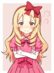  1girl :s blonde_hair blush bow brown_eyes closed_mouth crossed_arms dress dress_bow drill_hair eromanga_sensei eyebrows frilled_dress frills gem hair_bow headband highres long_hair long_sleeves looking_at_viewer pink_bow pink_dress pointy_ears red_bow solo tokitoki_(commando) yamada_elf 