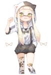  1girl animal_ears arm_up bike_shorts cat_ears domino_mask fake_animal_ears hand_in_pocket highres hood hood_up hoodie inkling long_hair mask pointy_ears print_legwear shirt shorts slit_pupils smile solo splatoon sprbouuz tentacle_hair thigh-highs twintails white_hair yellow_eyes 