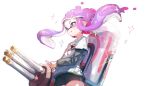  1girl :p bike_shorts domino_mask highres inkling long_hair mask pink_eyes pink_hair pointy_ears shirt shorts smile solo splatoon sprbouuz tentacle_hair tongue tongue_out twintails weapon white_shirt 