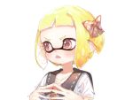  1girl blonde_hair brown_eyes domino_mask fangs hands_together highres inkling mask open_mouth pointy_ears ribbon school_uniform serafuku short_hair solo splatoon sprbouuz tentacle_hair upper_body 