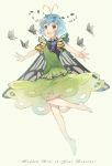  1girl antennae blue_hair butterfly_wings copyright_name dress ekira_nieto eternity_larva green_dress hidden_star_in_four_seasons highres leaf open_mouth short_hair simple_background solo touhou wings yellow_background yellow_eyes 