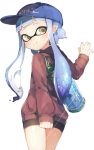  1girl baseball_cap bike_shorts blue_hair covering covering_ass domino_mask from_behind green_eyes hat highres inkling long_hair looking_back mask pointy_ears shirt shorts smile solo splatoon sprbouuz tentacle_hair twintails 