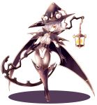  1girl boots cape chains collar eyebrows_visible_through_hair frills gloves hair_over_one_eye hat holding holding_weapon knee_boots lantern original pointy_ears scythe shadow syarute weapon white_background white_hair witch_hat yellow_eyes 