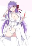  &gt;:d 1girl :d adjusting_glasses bangs bb_(fate/extra_ccc) black-framed_eyewear blush breasts choker collarbone fate/extra fate/extra_ccc fate_(series) glasses hair_ribbon hat large_breasts legs_crossed long_hair long_sleeves looking_at_viewer mutou_kurihito nurse nurse_cap open_mouth panties pantyshot pantyshot_(sitting) purple_hair red_cross red_ribbon ribbon semi-rimless_glasses sitting smile solo syringe thigh-highs under-rim_glasses underwear very_long_hair violet_eyes white_legwear white_panties wrist_cuffs 