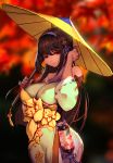  1girl absurdres adjusting_hair bare_shoulders brown_hair hair_ornament han-0v0 highres japanese_clothes long_hair looking_at_viewer oriental_umbrella red_eyes solo standing umbrella 