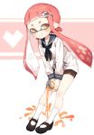  1girl bike_shorts brown_eyes can domino_mask hair_ornament hairclip highres inkling kneehighs leaning_forward long_hair mary_janes mask pink_hair pointy_ears shirt shoes shorts smile soda_can solo spilling splatoon sprbouuz tentacle_hair twintails white_legwear white_shirt 