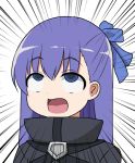  1girl ahegao blue_eyes commentary_request eyebrows_visible_through_hair fate/extra fate/extra_ccc fate_(series) hair_ribbon long_hair masara masara_ahegao meltlilith open_mouth purple_hair ribbon rolling_eyes solo upper_body 