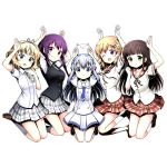  5girls ;d animal animal_on_head arm_up arms_up black_jacket blonde_hair blue_eyes blue_hair blue_necktie brown_hair brown_ribbon brown_skirt bunny_on_head divine_gate eyebrows_visible_through_hair full_body gochuumon_wa_usagi_desu_ka? green_eyes grey_legwear grey_necktie grey_skirt hair_between_eyes hair_ornament hair_ribbon head_tilt hoto_cocoa jacket kafuu_chino kirima_sharo kneehighs kneeling long_hair miniskirt multiple_girls neck_ribbon necktie on_head one_eye_closed open_mouth pink_ribbon pleated_skirt purple_hair rabbit ribbon school_uniform serafuku shadow shirt short_hair short_sleeves skirt smile tedeza_rize tippy_(gochiusa) transparent_background twintails ucmm ujimatsu_chiya very_long_hair white_legwear white_shirt white_skirt 