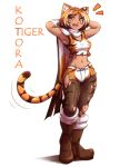  1girl animal_ears armpits black_hair boots kotora_(mazume) mazume multicolored_hair orange_hair original shorts tail thigh-highs tiger_ears tiger_tail white_hair yellow_eyes 