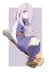  1girl black_legwear broom broom_riding half-closed_eyes highres little_witch_academia loafers long_hair momo_(higanbana_and_girl) pale_skin pink_hair red_eyes shirt shoes simple_background smile solo sucy_manbavaran witch 