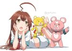  &gt;_&lt; &gt;_o 1girl :o ahoge aoki_hagane_no_arpeggio ass bangs barefoot bear beargguy_iii blush bracelet breasts brown_hair character_request closed_eyes commentary_request copyright_request elbow_rest fang gochou_(atemonai_heya) gundam gundam_build_fighters hands_on_own_cheeks hands_on_own_face heart high_five huge_ahoge jewelry kantai_collection kirishima_(aoki_hagane_no_arpeggio) kuma_(kantai_collection) long_hair looking_to_the_side lying midriff neckerchief no_legwear on_floor on_stomach one_eye_closed open_mouth red_neckerchief sailor_collar school_uniform serafuku shadow shirt short_sleeves shorts simple_background small_breasts standing standing_on_person twitter_username white_background white_shirt white_shorts yellow_eyes yotarou_(aoki_hagane_no_arpeggio) 