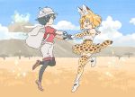  2girls animal_ears backpack bag commentary commentary_request hand_holding kaban_(kemono_friends) kemono_friends mitsumoto_jouji multiple_girls savannah serval_(kemono_friends) serval_ears serval_print serval_tail tail 