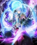  1boy armor artist_request bare_shoulders blue_eyes cape clouds cygames elbow_gloves eyebrows_visible_through_hair eyes_visible_through_hair gloves glowing glowing_eyes glowing_weapon grimnir hair_over_one_eye hand_on_own_face heterochromia holding holding_weapon light_blue_hair official_art polearm red_eyes shadowverse shingeki_no_bahamut shoulder_armor smile sparkle spear weapon 
