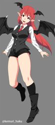  1girl black_boots black_legwear black_shorts black_wings boots breasts collared_shirt demon_wings full_body grey_background head_tilt head_wings highres kemurihaku kneehighs koakuma large_breasts long_hair long_sleeves looking_at_viewer necktie pointy_ears red_eyes red_necktie redhead shirt short_shorts shorts simple_background solo thighs touhou twitter_username vest white_shirt wing_collar wings 