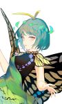  1girl butterfly_wings dress etarnity_larva foreshortening from_side green_dress green_hair hair_ornament highres hillly_(maiwetea) leaf_hair_ornament looking_at_viewer looking_to_the_side parted_lips short_hair short_sleeves smile solo touhou upper_body wings yellow_eyes 