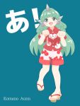  1girl alternate_eye_color aqua_eyes aqua_hair bangs bare_arms blue_background buttons character_name cloud_print collared_shirt curly_hair horn itatatata komano_aunn legs_apart long_hair looking_at_viewer paw_pose red_shirt shirt shorts simple_background solo standing text touhou white_shorts 