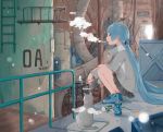  1girl absurdres angel_wings animal blue_eyes blue_hair can cat cigarette hair_ornament halo highres long_hair looking_at_another original smoke smoking soda_can twintails wings yutukicom 