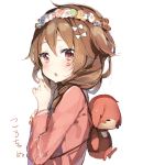  1girl absurdres backpack bag braid brown_hair flower from_side head_wreath highres long_hair looking_back open_mouth original shirt solo sprbouuz stuffed_toy twin_braids twintails upper_body 
