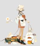  1girl animal_ears bowl character_request copyright_request egg food frying_pan highres kukka ladle looking_at_viewer mouse mouse_ears mouse_tail orange_eyes orange_ribbon oven plate pot ribbon smile spatula stove tail white_hair 