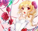  1girl alternate_costume bare_shoulders blonde_hair breasts dress earrings elbow_gloves fang flandre_scarlet flower gloves hair_flower hair_ornament jewelry long_hair looking_at_viewer medium_breasts open_mouth pink_background pointy_ears red_eyes red_rose rose shanghai_bisu side_ponytail smile solo sparkle touhou upper_body wedding_dress white_gloves wings 