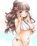  1girl between_breasts bikini blue_necktie braid brown_eyes brown_hair cowboy_shot geckolion hair_bun idolmaster idolmaster_cinderella_girls kamiya_nao long_hair looking_at_viewer necktie side-tie_bikini simple_background solo striped striped_necktie swimsuit wavy_hair white_background white_bikini 