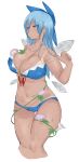  1girl absurdres blue_eyes blue_hair bow breasts cirno commentary curvy dark_skin flower hair_bow hidden_star_in_four_seasons highres ice ice_wings jitome large_breasts long_hair morning_glory older pushun_(muteki) short_hair solo strap_pull sweat tan tanline touhou wings 