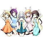  5girls ;d animal animal_on_head aqua_dress arm_up arms_up blonde_hair blue_dress blue_eyes blue_hair blue_shorts blue_sweater brown_hair bunny_on_head collarbone divine_gate dress eyebrows_visible_through_hair full_body gochuumon_wa_usagi_desu_ka? green_eyes hair_between_eyes hair_ornament hoto_cocoa jacket kafuu_chino kirima_sharo kneeling long_hair looking_at_viewer multiple_girls on_head one_eye_closed open_mouth orange_dress ponytail purple_hair rabbit red_shoes ribbon shadow shirt shoes short_hair short_shorts short_sleeves shorts skirt sleeveless sleeveless_dress smile sweater tedeza_rize tippy_(gochiusa) transparent_background twintails ucmm ujimatsu_chiya violet_eyes white_ribbon white_shirt white_skirt yellow_jacket 